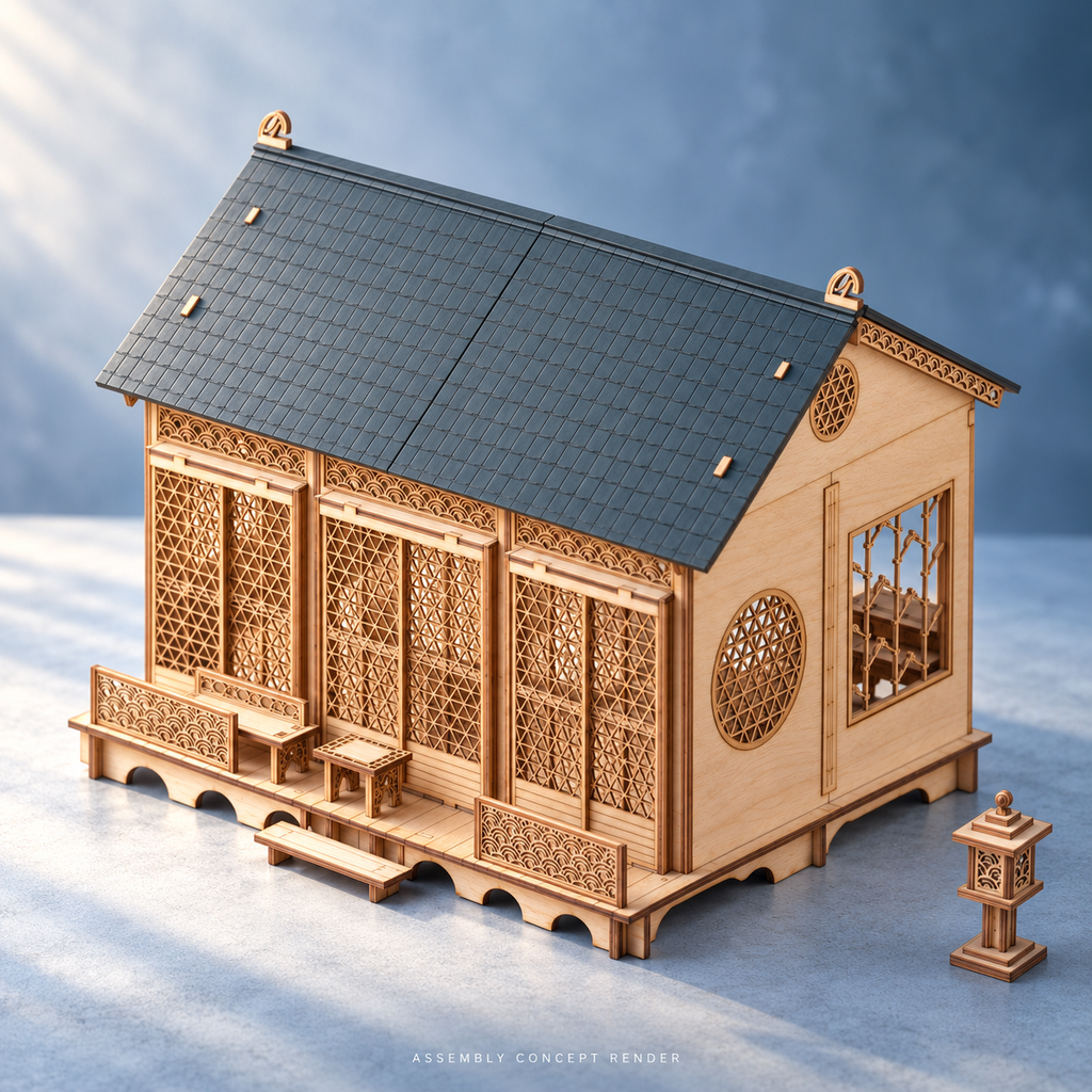 Assembly concept render of the one-storey Komorebi House I in cool morning light, showing its ornate lattice doors, moon windows, veranda bench and low table.