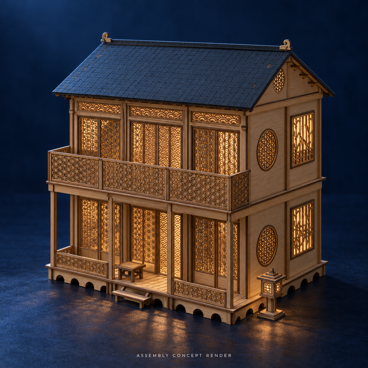 Assembly concept render of the two-storey Komorebi House II at blue hour, with its full-width ornate balcony, repeating shoji lattice and charcoal gable roof.