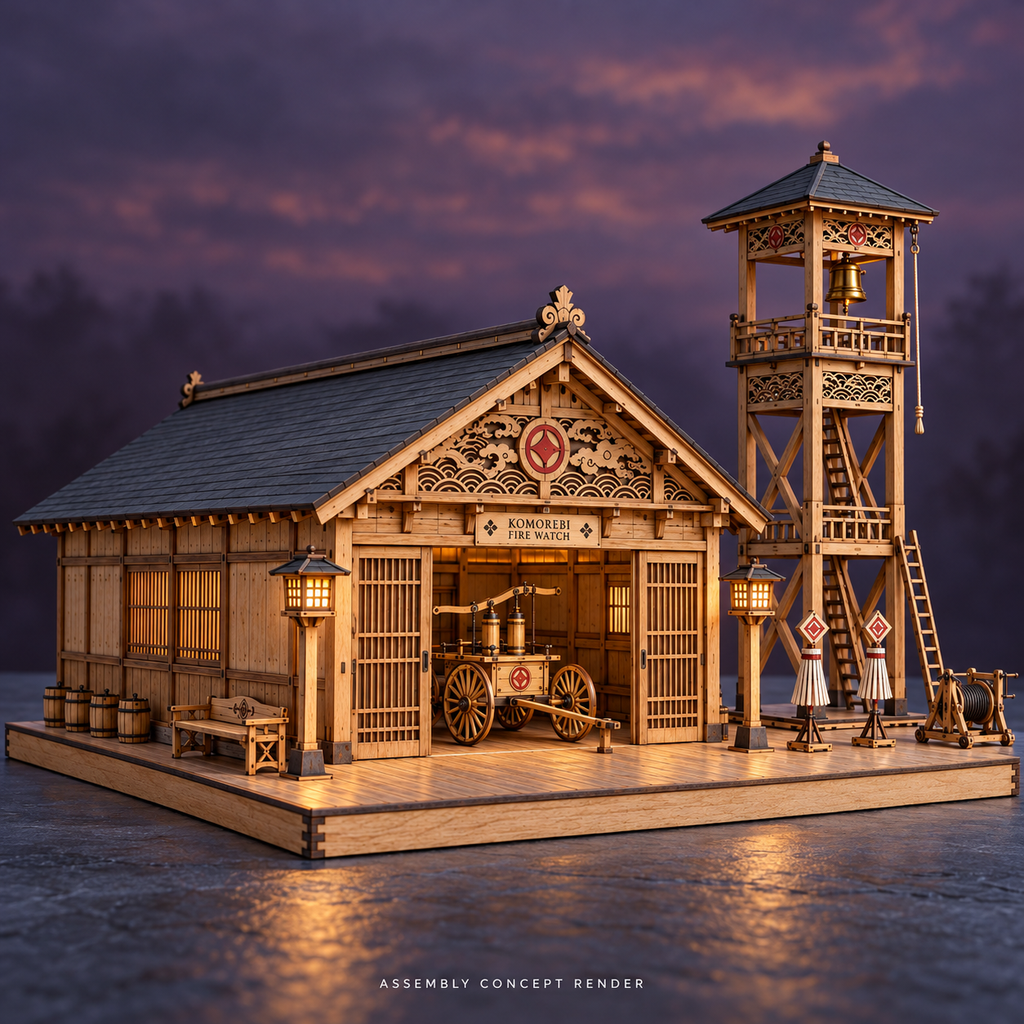 Assembly concept render of the Komorebi Fire Watch House and Bell Tower at twilight, with open sliding bay doors, parked miniature cart, bell, ladders and equipment on a wooden display base.