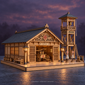 Assembly concept render of the Komorebi Fire Watch House and Bell Tower at twilight, with open sliding bay doors, parked miniature cart, bell, ladders and equipment on a wooden display base.