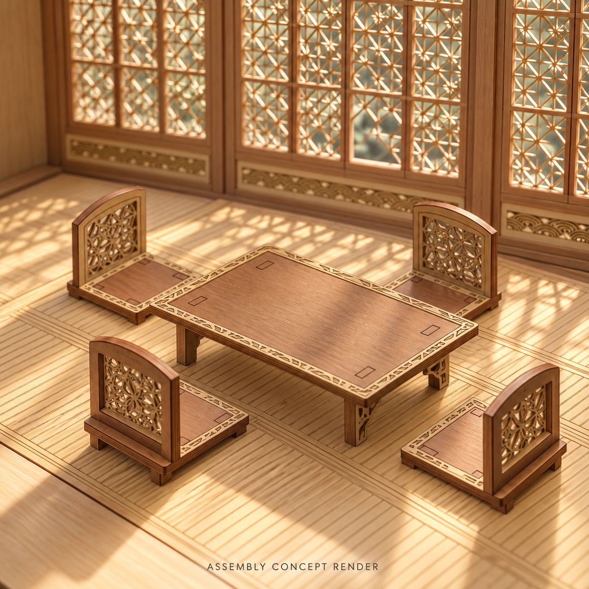 Close assembly concept render of the Komorebi house washitsu furniture: one low rectangular table and four bare wooden floor chairs on an engraved tatami panel, with the house’s layered shoji lattice behind.