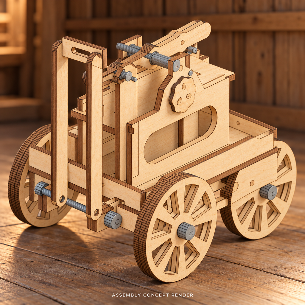 Close assembly concept render of the firehouse’s four-wheel wooden cart, showing laminated spoked wheels, a raised drawbar, flat guided plungers and the dry pump rocker, based on the kit’s assembly drawing.