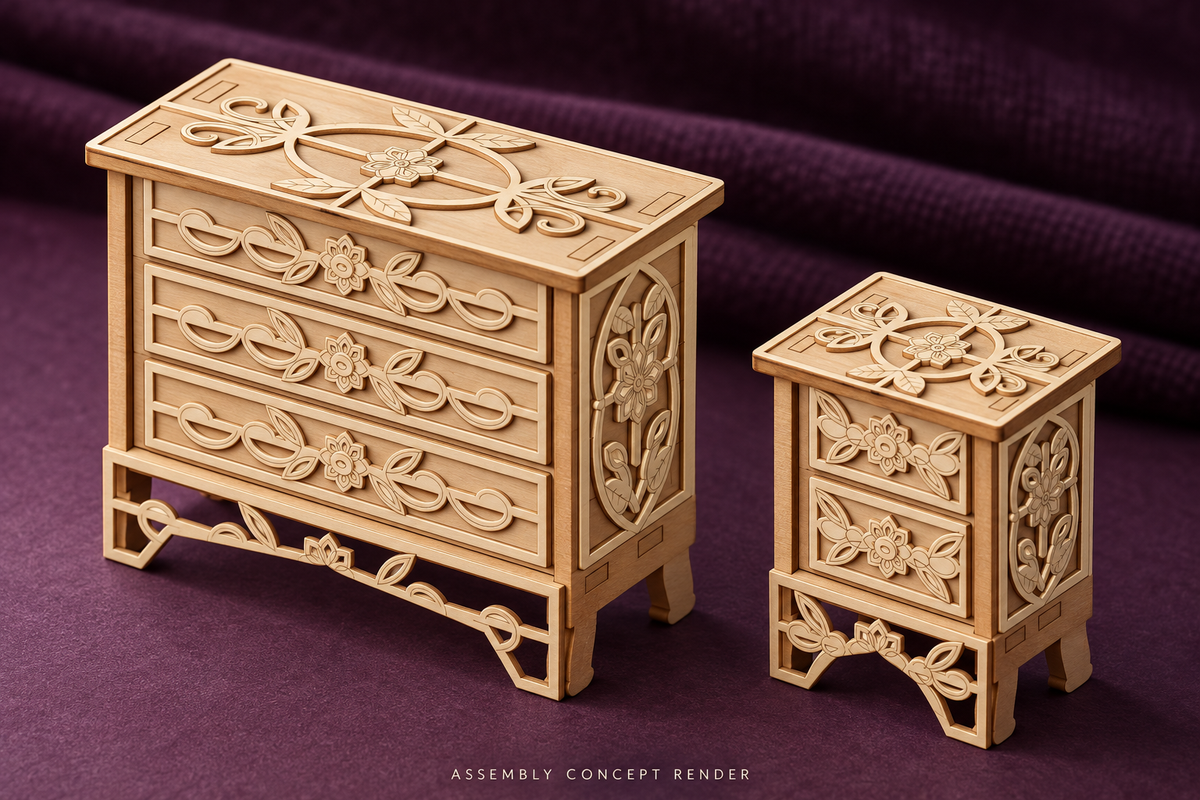 Assembly concept render of a birch Rococo miniature dresser and matching bedside cabinet against an aubergine textile backdrop; all decorative fronts are closed.