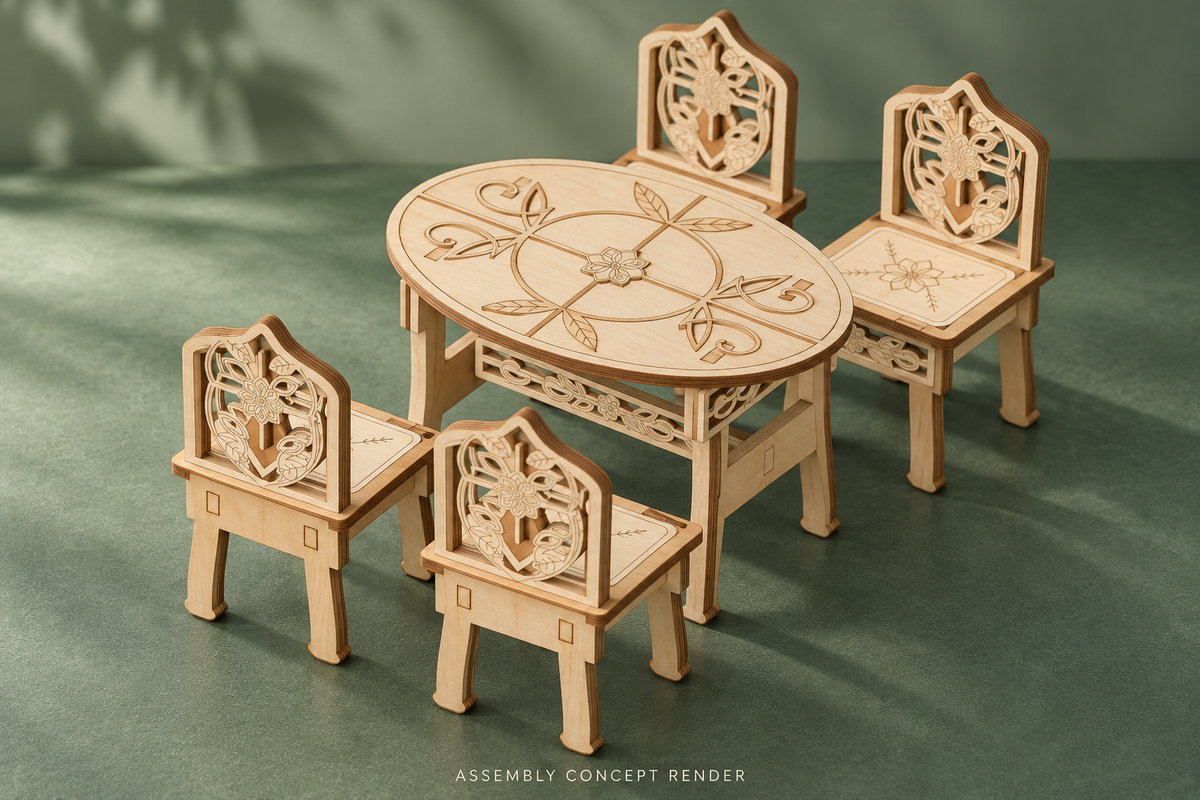 Assembly concept render of a birch oval tea table and four matching ornate armless miniature chairs in a quiet botanical green tabletop setting.