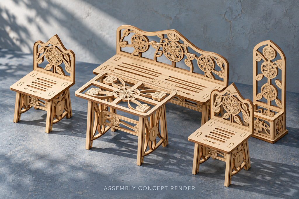 Assembly concept render of a natural birch garden bench, two armless chairs, pierced patio table and tall rosette trellis planter against a blue courtyard-inspired backdrop.