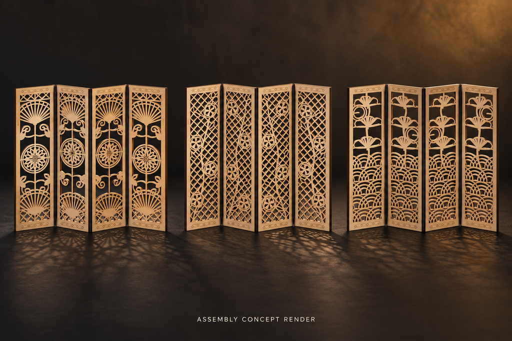 Assembly concept render of three separate four-panel birch miniature folding screens: Chrysanthemum and Fan, Sakura and Lattice, and Waves and Pine, on a black and ochre gallery-style tabletop.