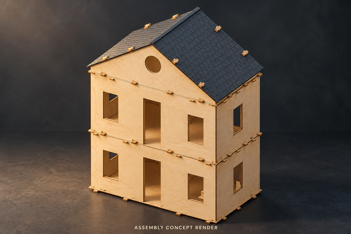 Assembly concept render of the Laurel House miniature shell in warm birch with a charcoal pitched roof, exposed retaining keys and empty window and door openings.