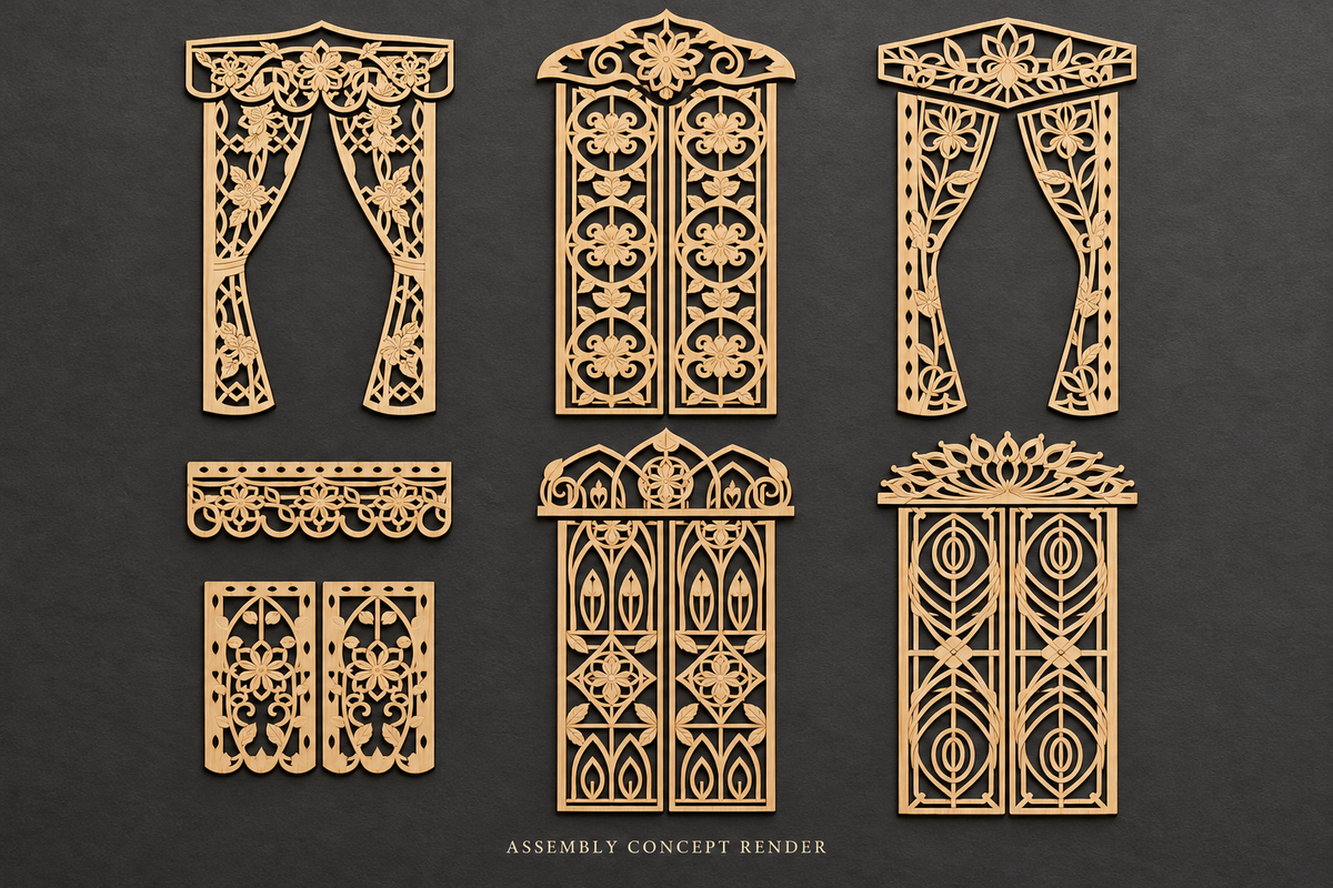 Assembly concept render of all six ornate miniature window-covering designs laid out in warm wood on charcoal paper, with pairs of panels and matching crowns.