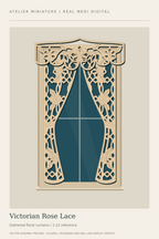 Victorian Rose Lace miniature window covering preview with drawn-back rose-pattern panels and a scalloped valance.