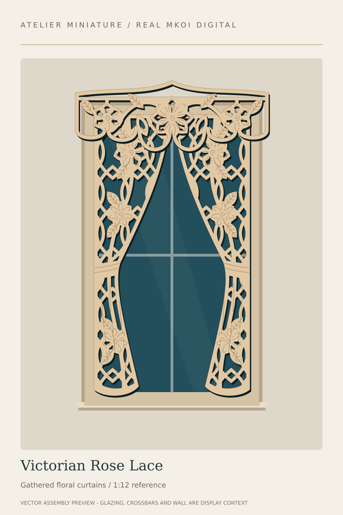 Victorian Rose Lace miniature window covering preview with drawn-back rose-pattern panels and a scalloped valance.