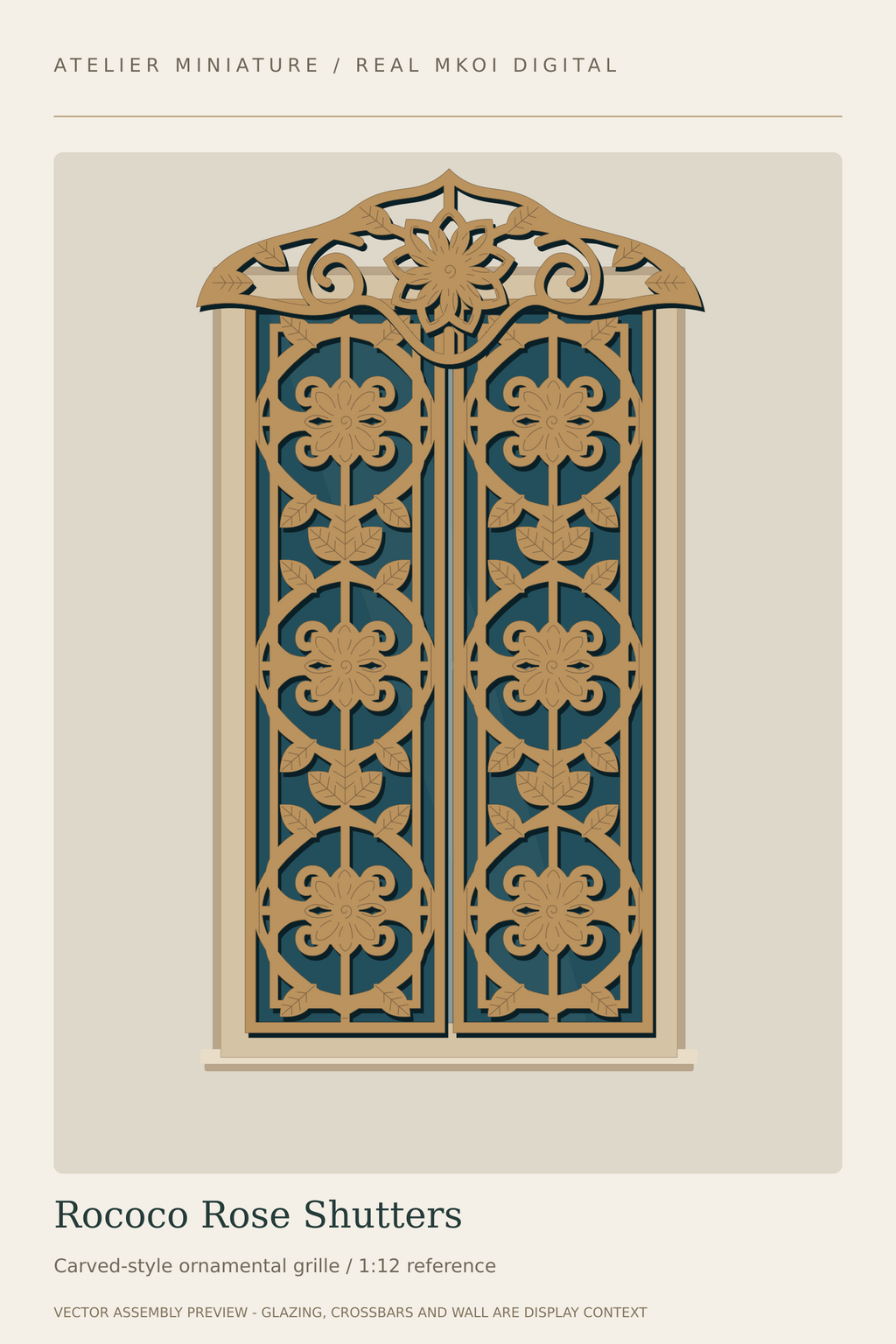 Rococo Rose Shutters miniature window covering preview with pierced floral cartouches and a decorative crown.