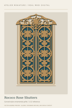 Rococo Rose Shutters miniature window covering preview with pierced floral cartouches and a decorative crown.
