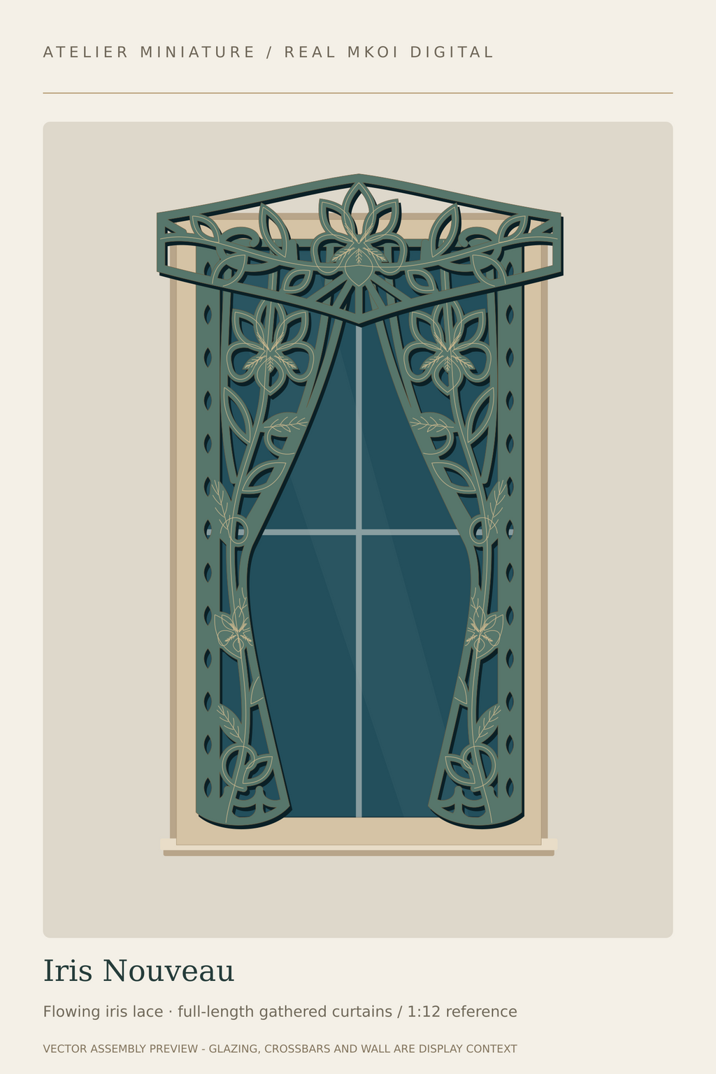 Iris Nouveau miniature window covering preview with botanical Art Nouveau panels and matching valance.