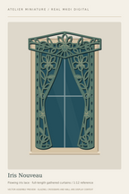 Iris Nouveau miniature window covering preview with botanical Art Nouveau panels and matching valance.