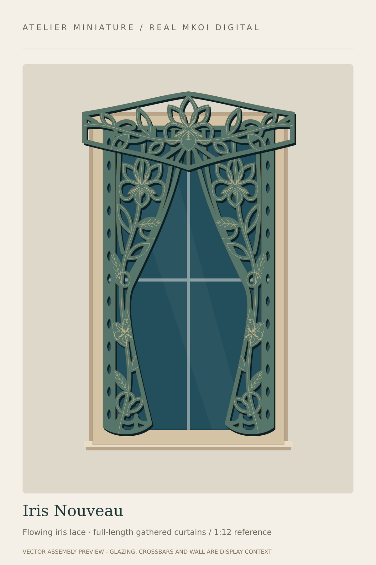 Iris Nouveau miniature window covering preview with botanical Art Nouveau panels and matching valance.