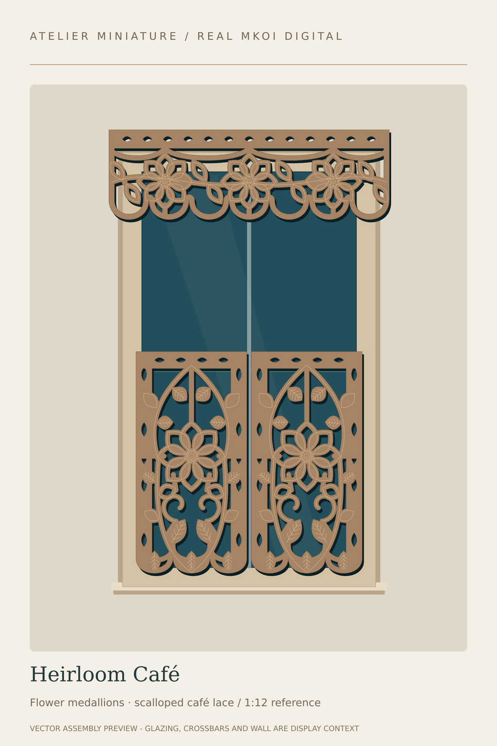 Heirloom Cafe miniature window covering preview with lower lace panels and an upper valance.