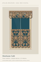 Heirloom Cafe miniature window covering preview with lower lace panels and an upper valance.
