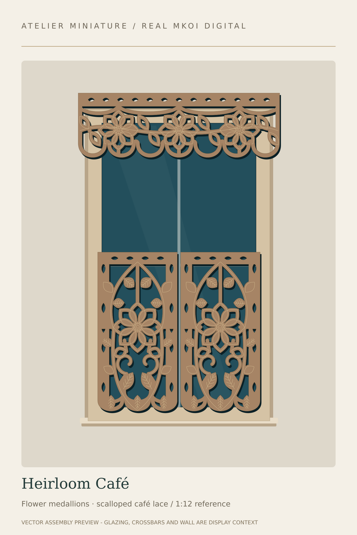 Heirloom Cafe miniature window covering preview with lower lace panels and an upper valance.