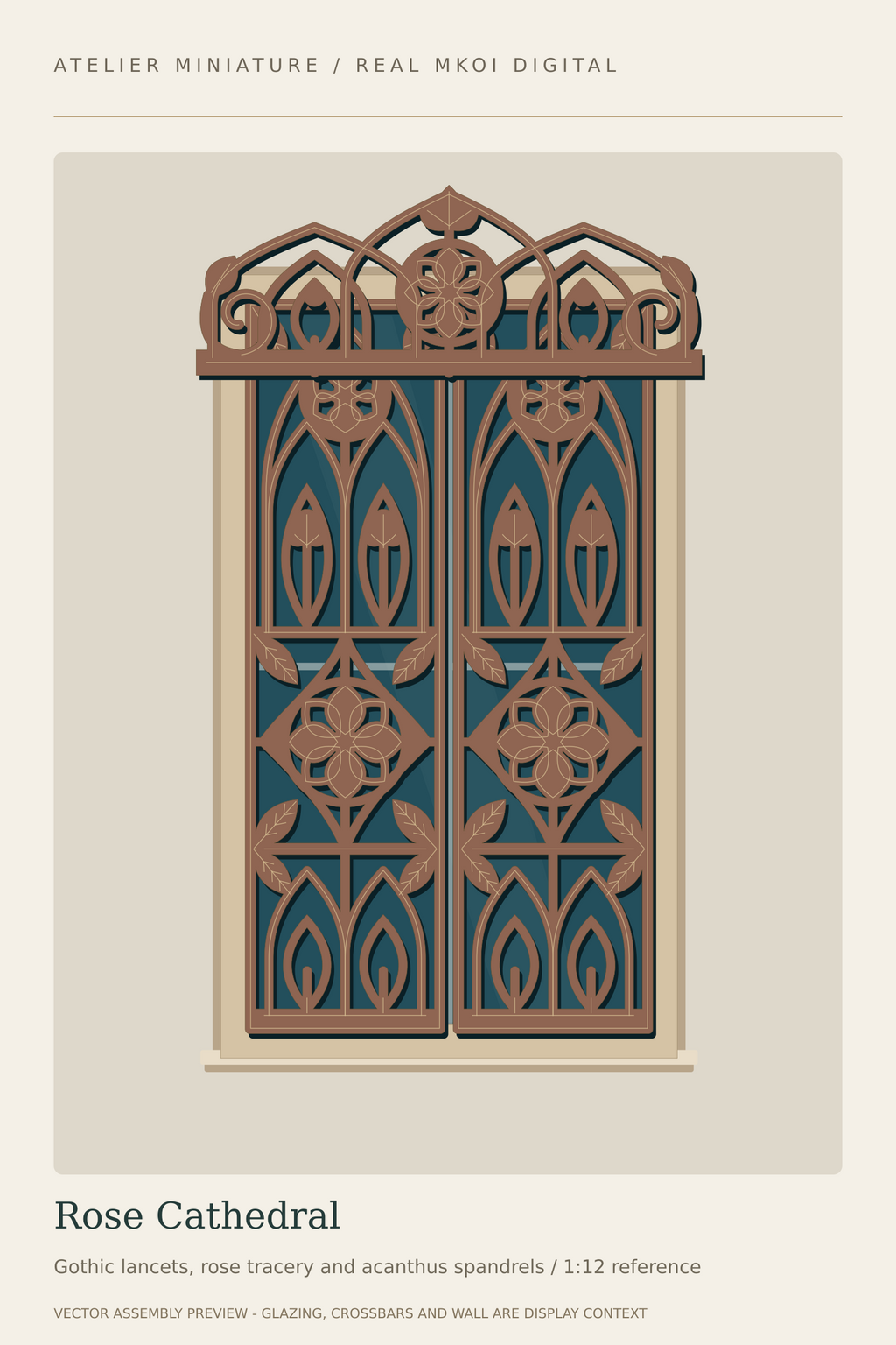Rose Cathedral miniature window covering preview with pointed architectural tracery and a rose-pattern crown.