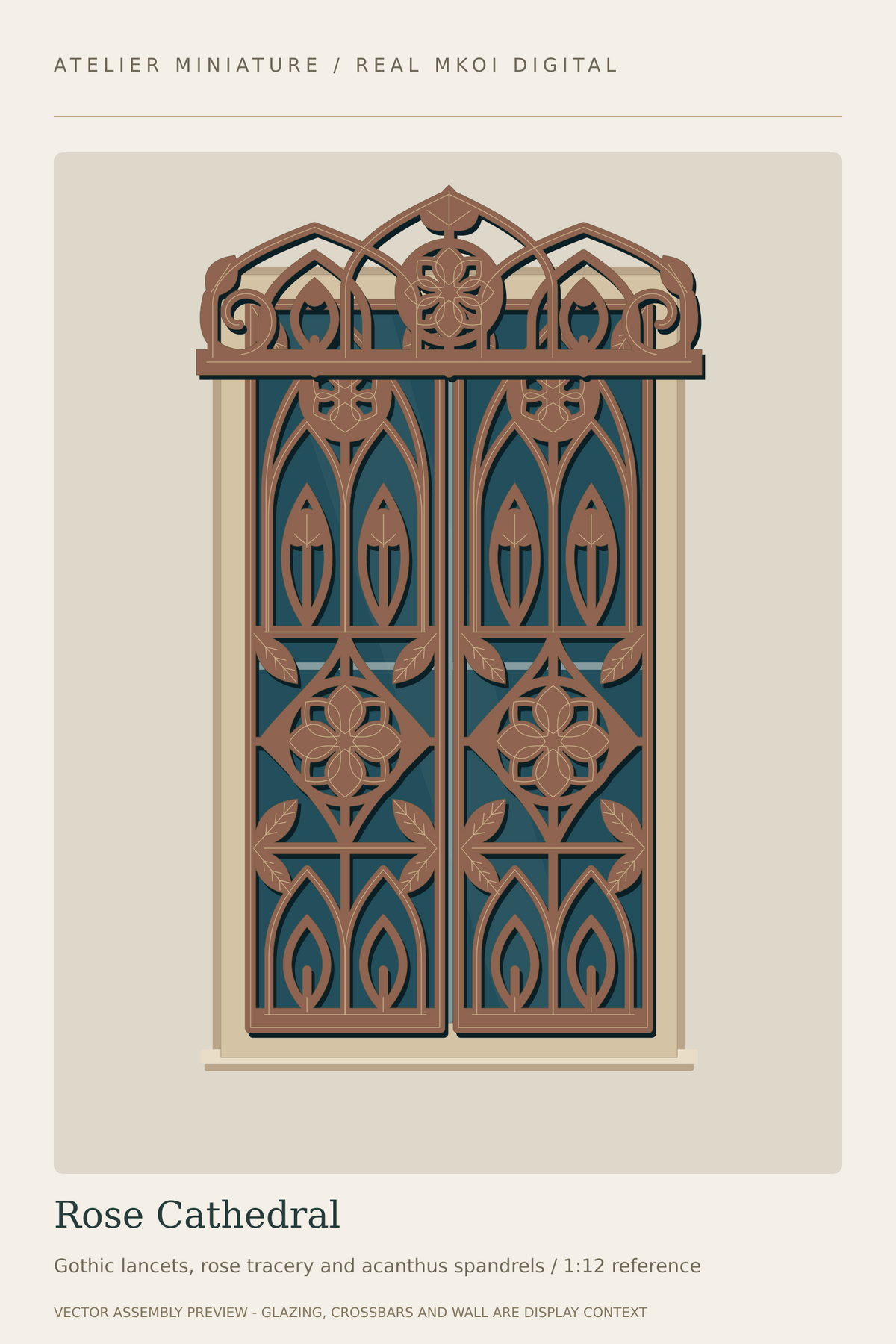 Rose Cathedral miniature window covering preview with pointed architectural tracery and a rose-pattern crown.