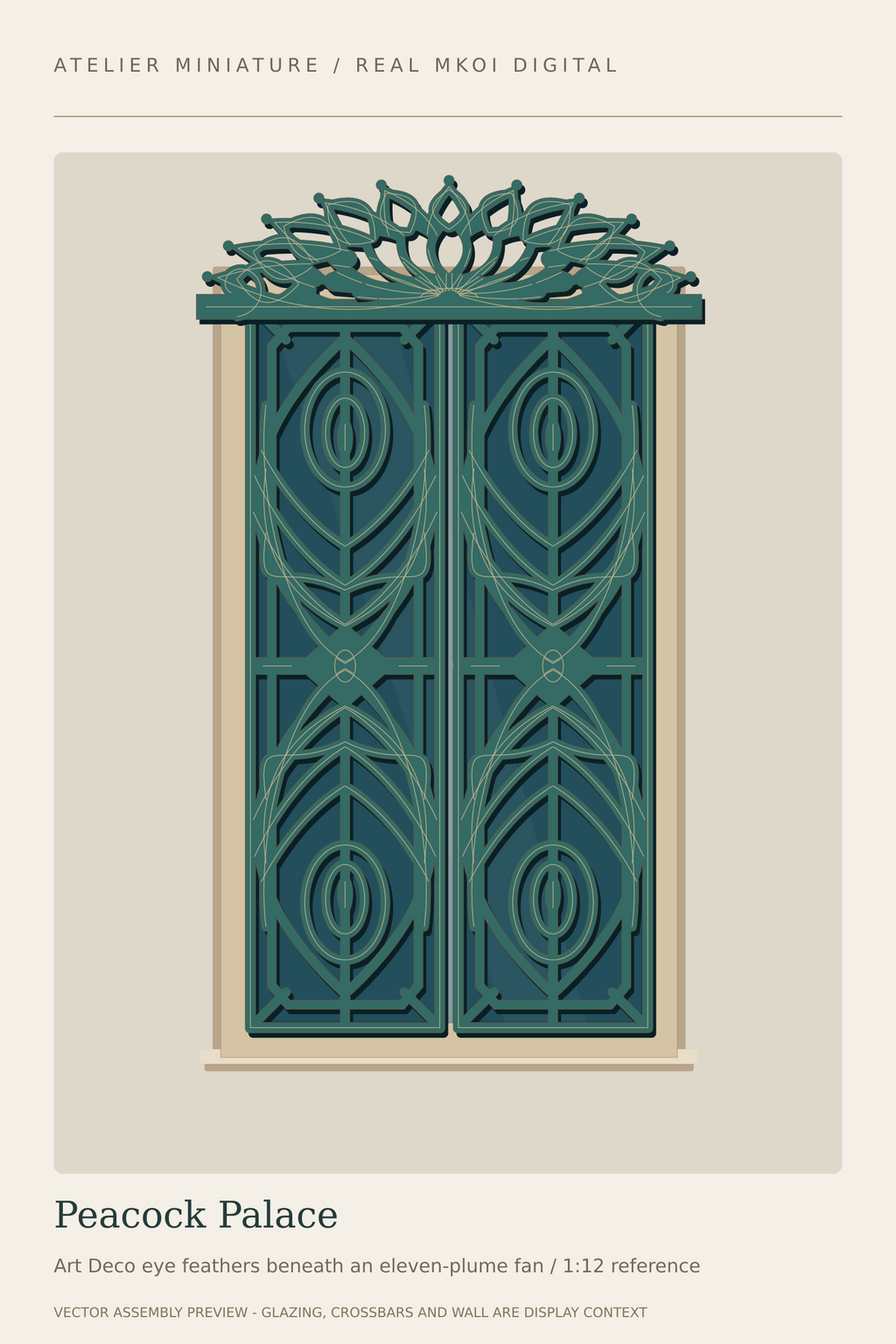 Peacock Palace miniature window covering preview with repeated feather-like tracery and an ornate crown.