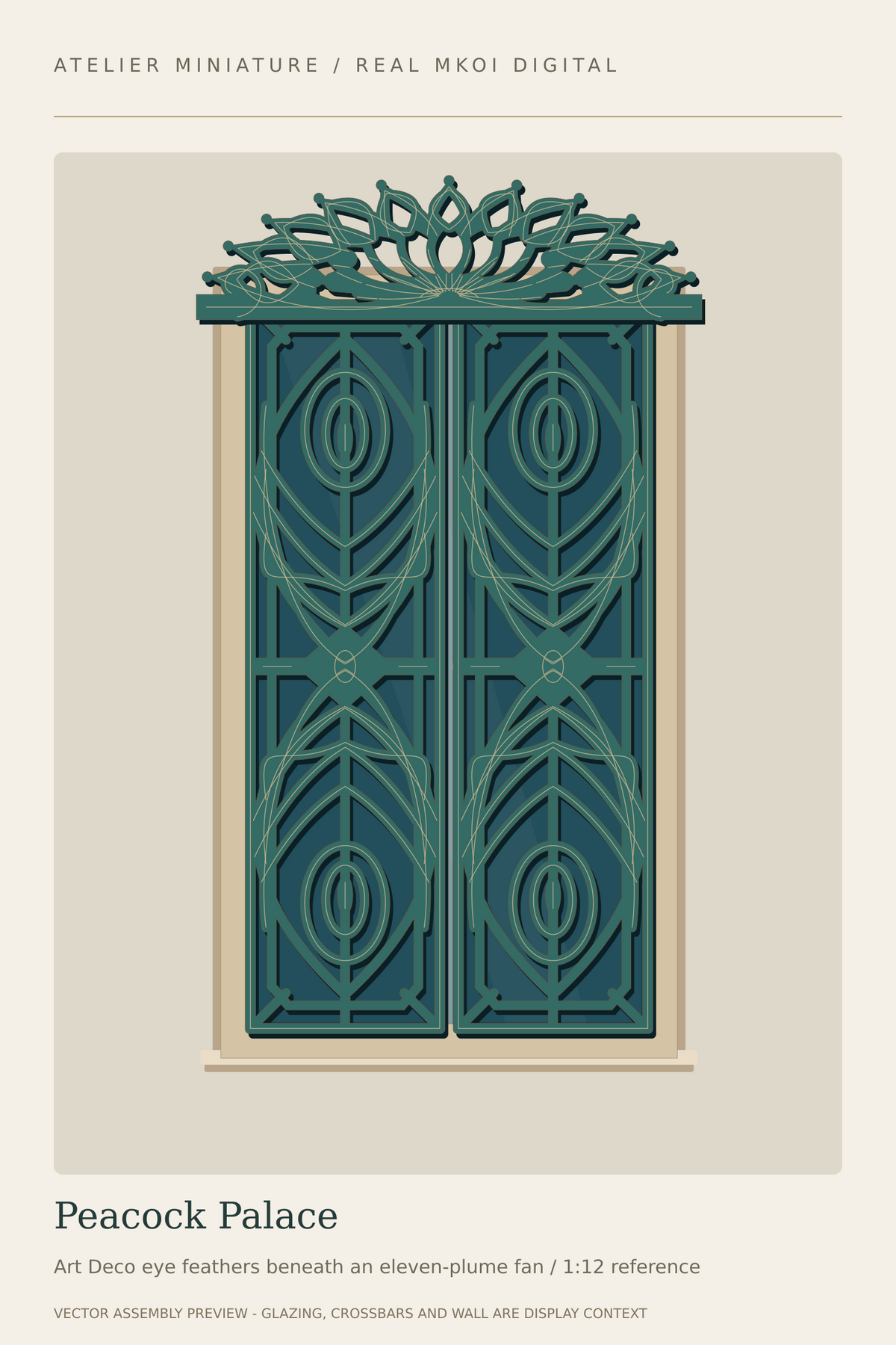 Peacock Palace miniature window covering preview with repeated feather-like tracery and an ornate crown.