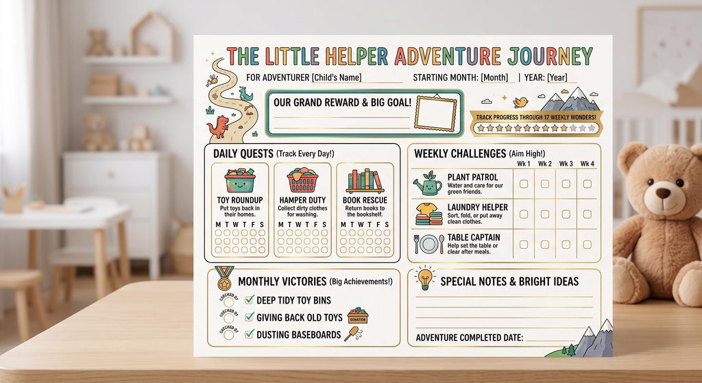 A rectangular chore chart titled The Little Helper Adventure Journey with sections for daily quests, weekly challenges, and monthly victories. The chart features colorful illustrations of mountains, a path, and icons for household tasks.