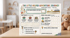 A rectangular chore chart titled The Little Helper Adventure Journey with sections for daily quests, weekly challenges, and monthly victories. The chart features colorful illustrations of mountains, a path, and icons for household tasks.