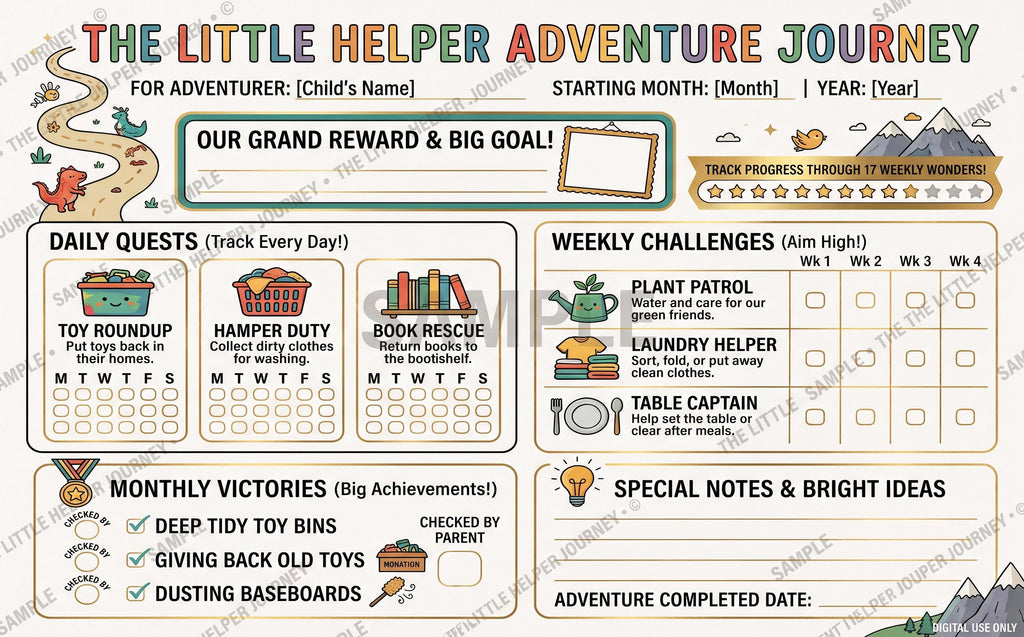 A chore chart titled The Little Helper Adventure Journey with sections for daily quests, weekly challenges, and monthly victories. It features colorful illustrations of toys, laundry, books, and plants, with blank lines for names, dates, and notes.