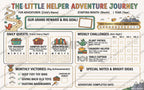 A chore chart titled The Little Helper Adventure Journey with sections for daily quests, weekly challenges, and monthly victories. It features colorful illustrations of toys, laundry, books, and plants, with blank lines for names, dates, and notes.