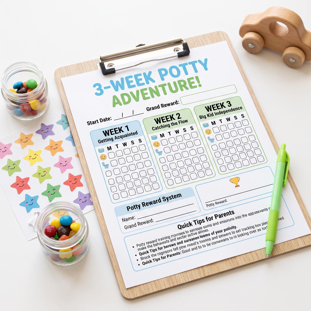 A wooden clipboard holding a 3-Week Potty Adventure chart with blue and green text, checkboxes for three weeks, and a reward section. Included are a sheet of colorful star stickers, two small glass jars filled with candy, and a green pen.