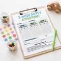 A wooden clipboard holding a 3-Week Potty Adventure chart with blue and green text, checkboxes for three weeks, and a reward section. Included are a sheet of colorful star stickers, two small glass jars filled with candy, and a green pen.
