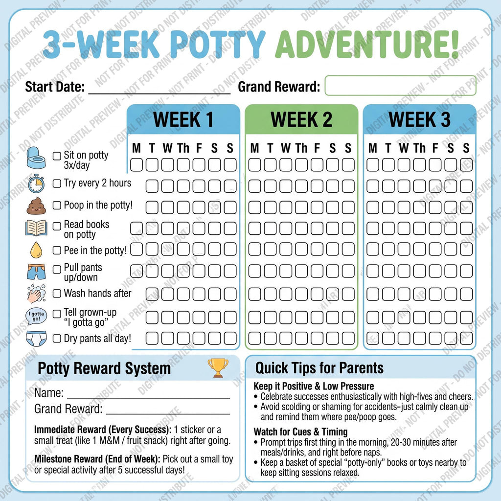A 3-week potty training chart with blue and green headers. It features a weekly tracking grid for tasks like sitting on the potty, reading books, and washing hands. Includes sections for start date, grand reward, and parenting tips.