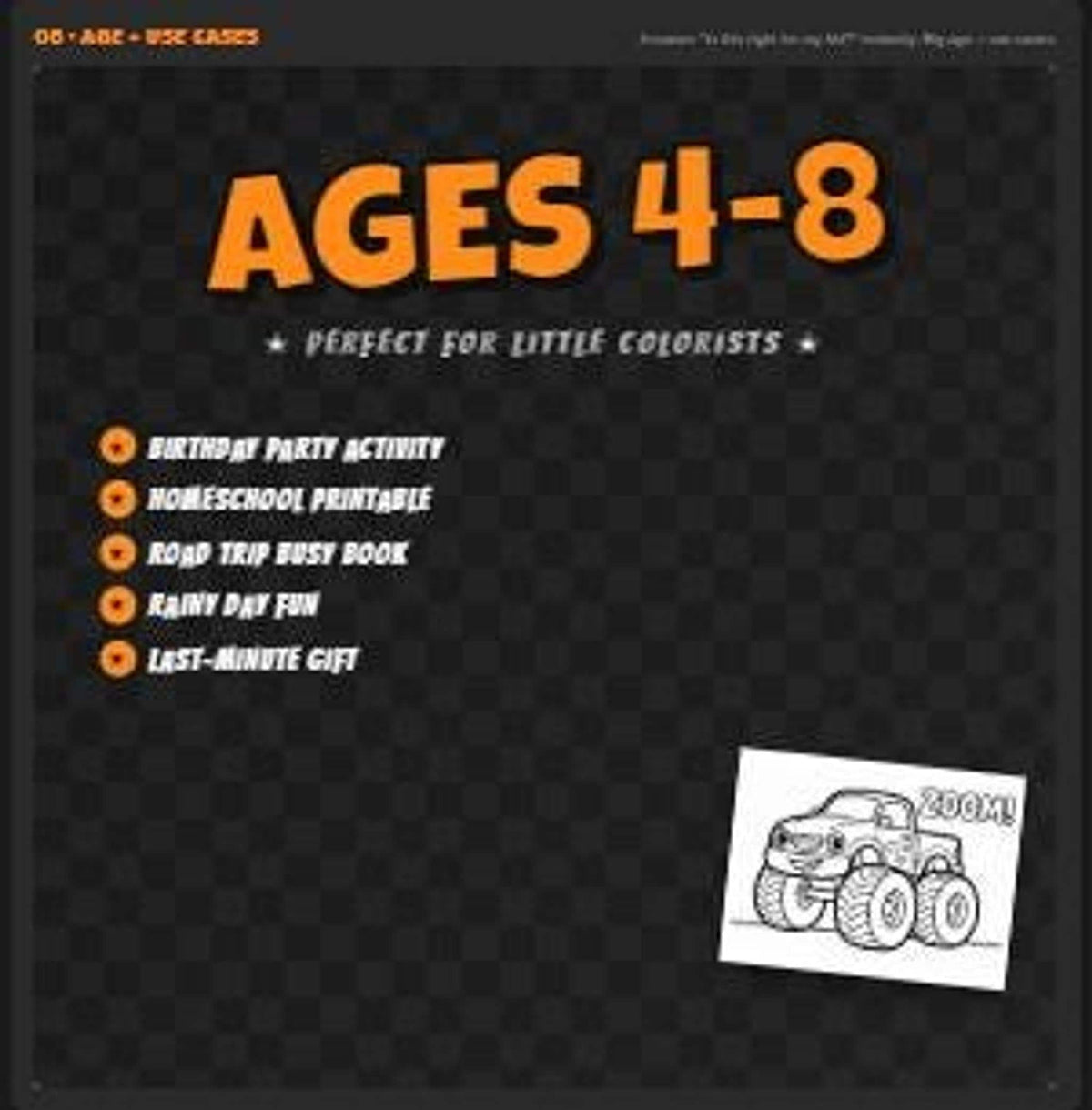 An informational graphic states ages four to eight with a list of activities.