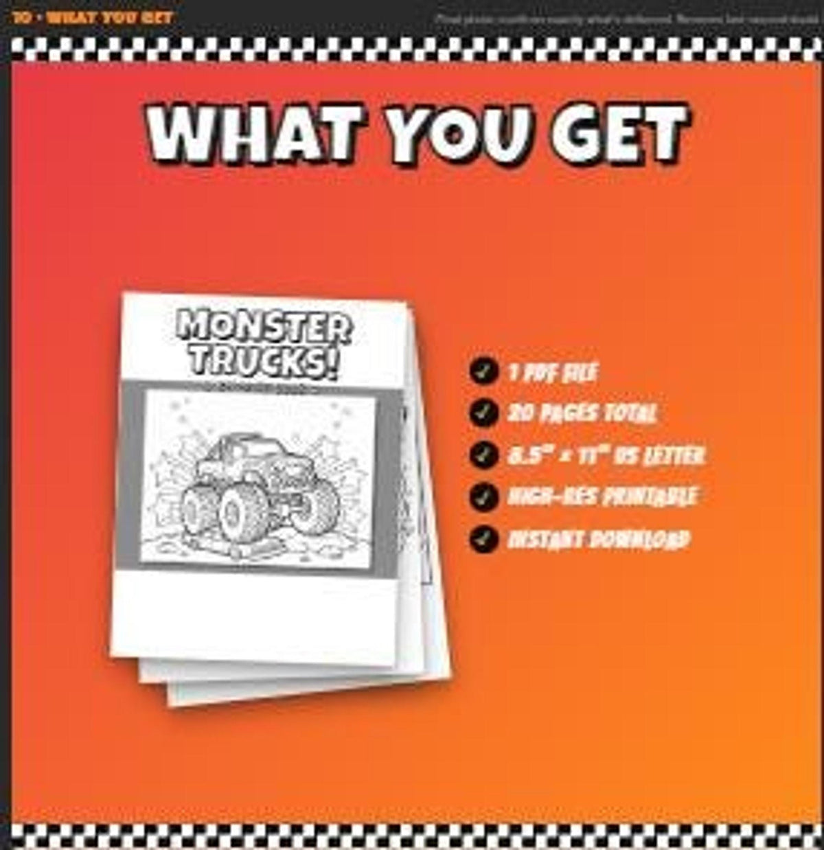 An infographic on an orange background showing a stack of monster truck coloring pages with text listing one PDF file, twenty pages total, US letter size, and instant download.