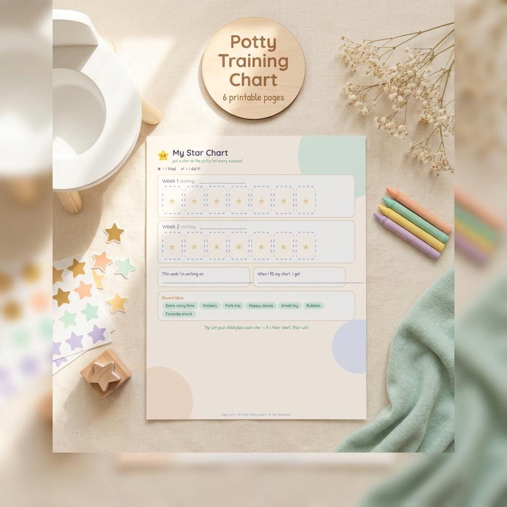 A potty training chart with a My Star Chart header, two weekly tracking sections with dashed boxes, reward idea prompts, and a sheet of colorful star stickers. A round wooden sign reads Potty Training Chart 6 printable pages.