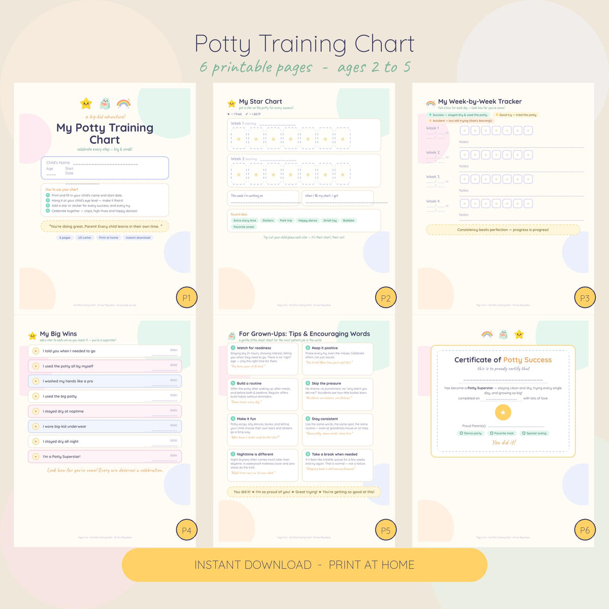 A set of six printable potty training chart pages for ages 2 to 5. The documents include a main chart, a star chart, a weekly tracker, a big wins list, a tips page for adults, and a certificate of potty success with pastel accents.