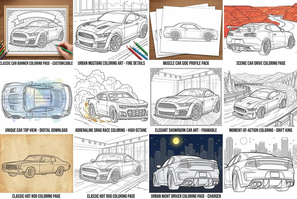 Sports Car Coloring Book for Adults, Printable Automotive Art PDF — image 2