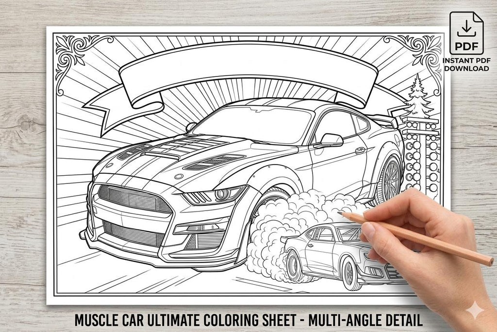 Sports Car Coloring Book for Adults, Printable Automotive Art PDF — image 3