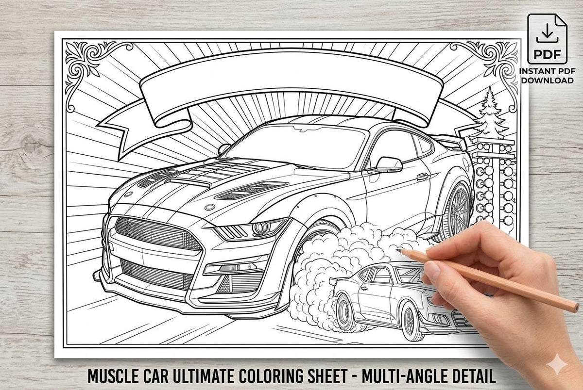 Sports Car Coloring Book for Adults, Printable Automotive Art PDF — image 3