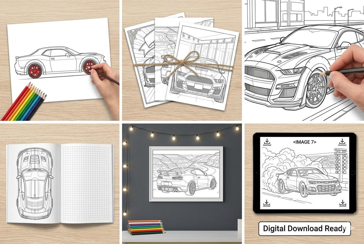 Sports Car Coloring Book for Adults, Printable Automotive Art PDF — image 4