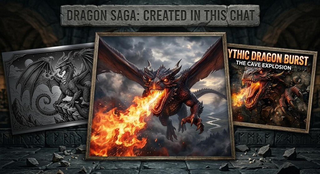 A promotional banner displaying three framed dragon illustrations over a stone background, with text at the top reading DRAGON SAGA: CREATED IN THIS CHAT.