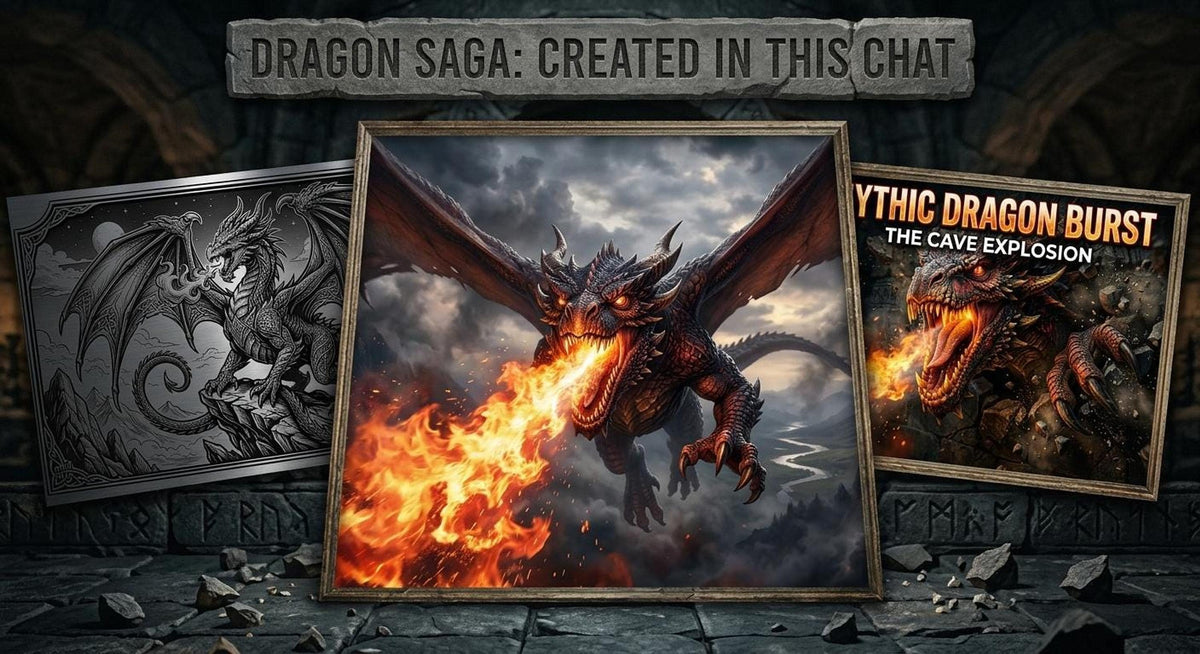 A promotional banner displaying three framed dragon illustrations over a stone background, with text at the top reading DRAGON SAGA: CREATED IN THIS CHAT.