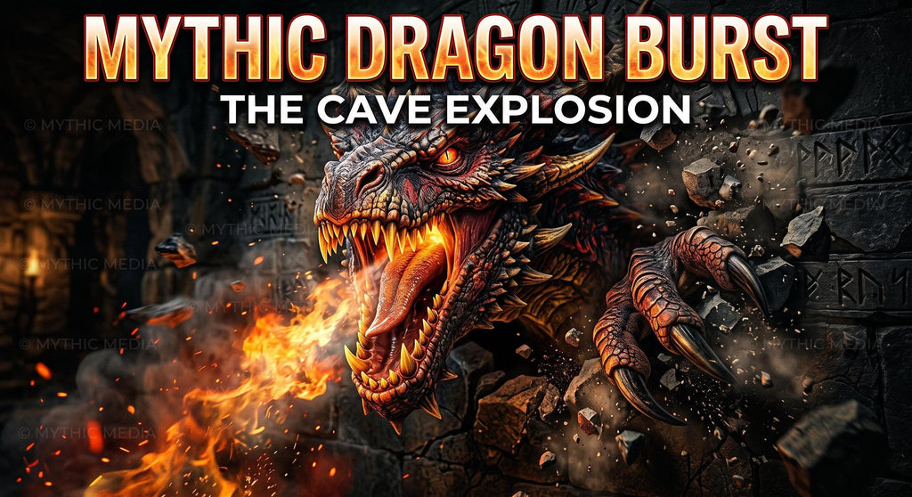 A detailed illustration of a fierce, fire-breathing red dragon bursting through a stone wall, with the text MYTHIC DRAGON BURST THE CAVE EXPLOSION at the top.