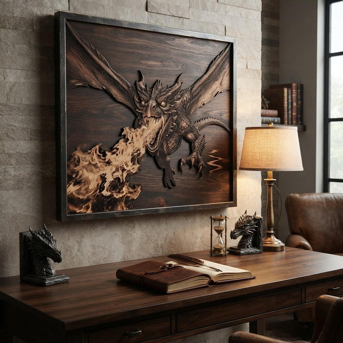 A framed large laser-engraved dragon wall art hanging in a cozy, modern study room.
