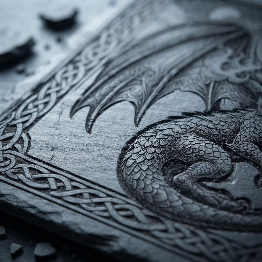 Close-up macro shot of laser-engraved Celtic knot dragon design on textured dark slate.