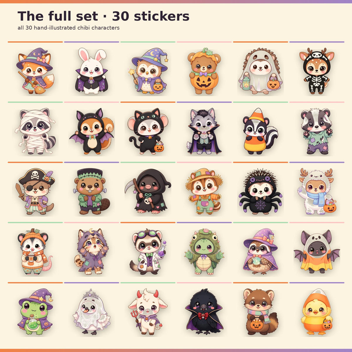 A set of 30 stickers featuring hand-illustrated chibi characters in various Halloween costumes. The collection includes animals like foxes, owls, bears, and bats dressed as witches, vampires, ghosts, and monsters, arranged in a grid.