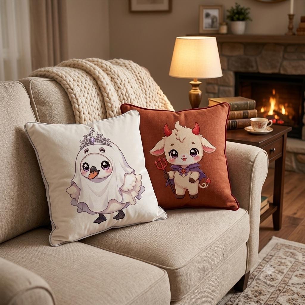 Two square throw pillows on a beige sofa. One white pillow features a cartoon swan wearing a crown and a ghost sheet. The other rust-colored pillow displays a cartoon goat character with small red horns, a cape, and a red trident.