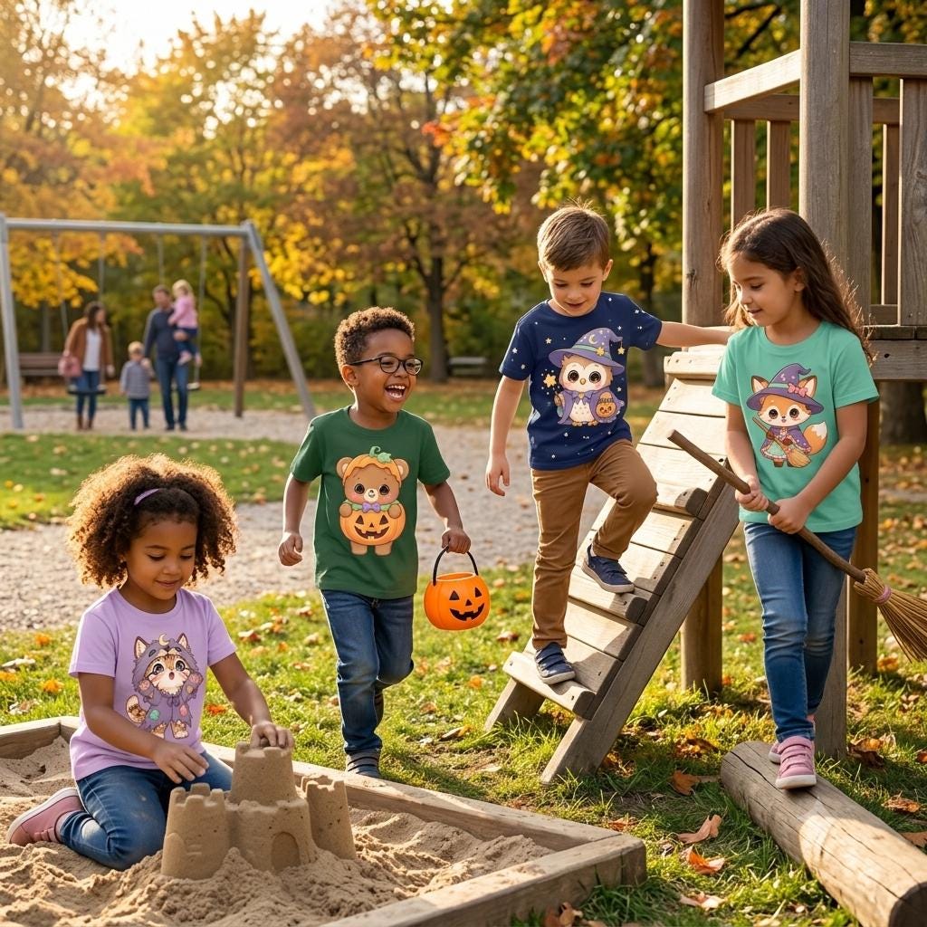 Four children playing in a park wearing t-shirts with Halloween-themed animal graphics. One child wears a lavender shirt with a cat, one a green shirt with a bear, one a navy shirt with an owl, and one a teal shirt with a fox.