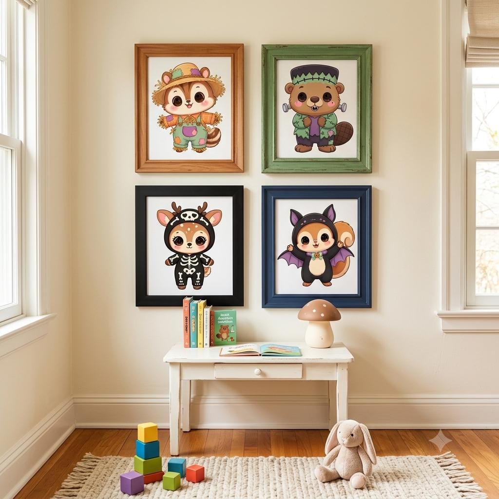 Four framed wall art prints featuring cartoon animals in Halloween costumes: a chipmunk scarecrow, a beaver Frankenstein, a deer skeleton, and a squirrel bat. The prints are displayed in wooden frames above a white wooden table.